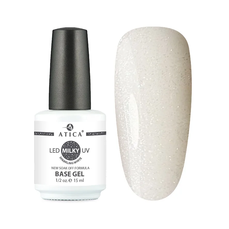 Atica Base Gel Milky Sparkling White, 15ml (mleczna z shimmerem) 1 Atica Base Gel Milky Sparkling White
