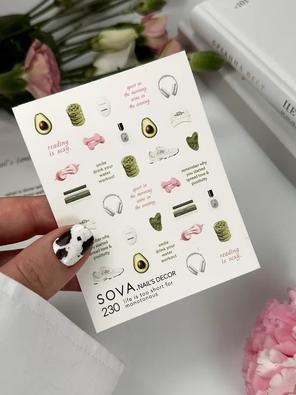 Naklejki Wodne do paznokci SOVADECOR 230 1 Naklejki Wodne do paznokci awokado, napisy, sport, książki SOVADECOR 230