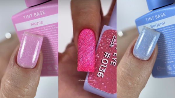 paznokcie hybrydowe z brokatem i shimmerem nude